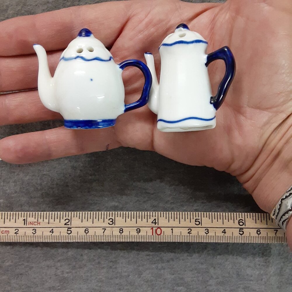 Mini White/Cobalt Blue Salt/Pepper Shakers 2x1.75" Stopper Dutch/Delftware Style